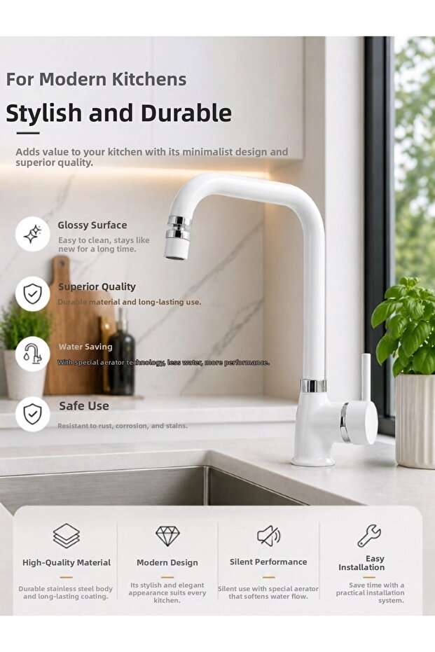 White Chrome Detailed Kitchen Faucet – Modern Sink Faucet with Swivel Aerator, Water-Saving