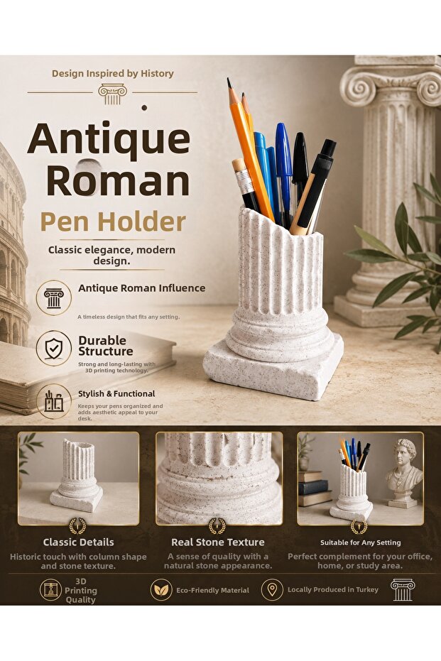 Ancient Roman Column Pen Holder |   Decorative Desktop Pen Holder, Office and Study Desk Organizer