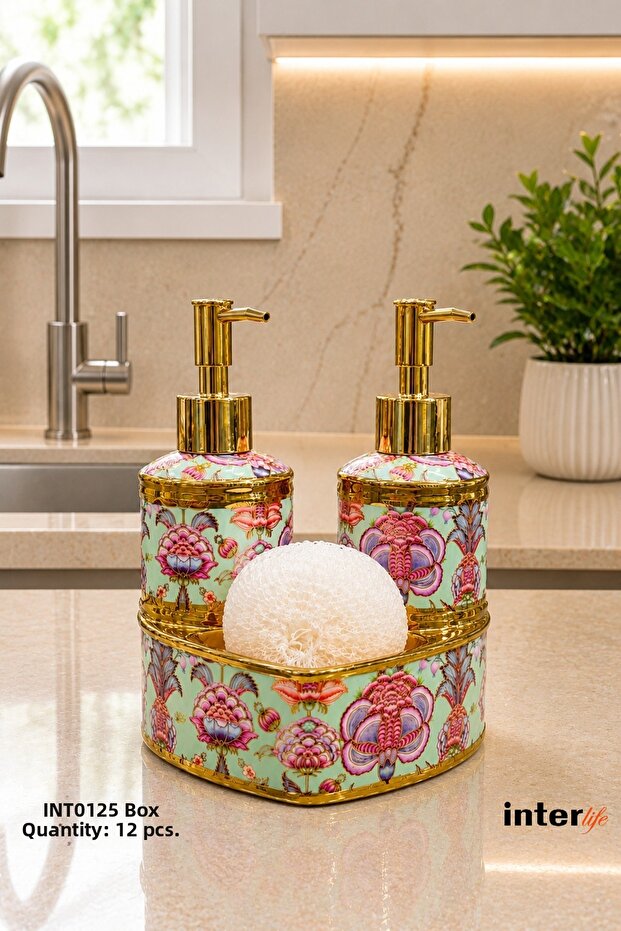 Luxury Liquid Soap Dispenser Set with Sponge Holder, Porcelain Soap Dispenser, Set of 2 with Floral Pattern, Triangle