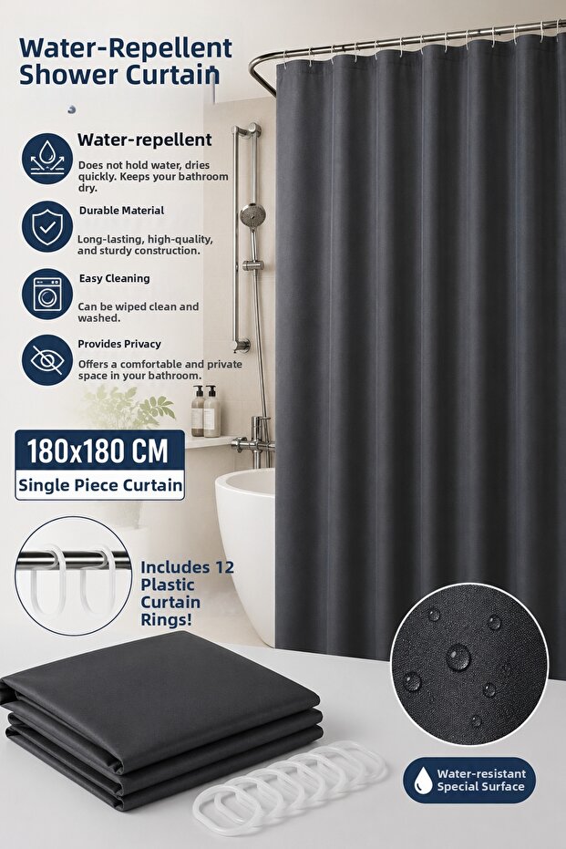Bathroom Shower Curtain and 12 Ring Set 180X180Cm One Piece Water Repellent Lc031