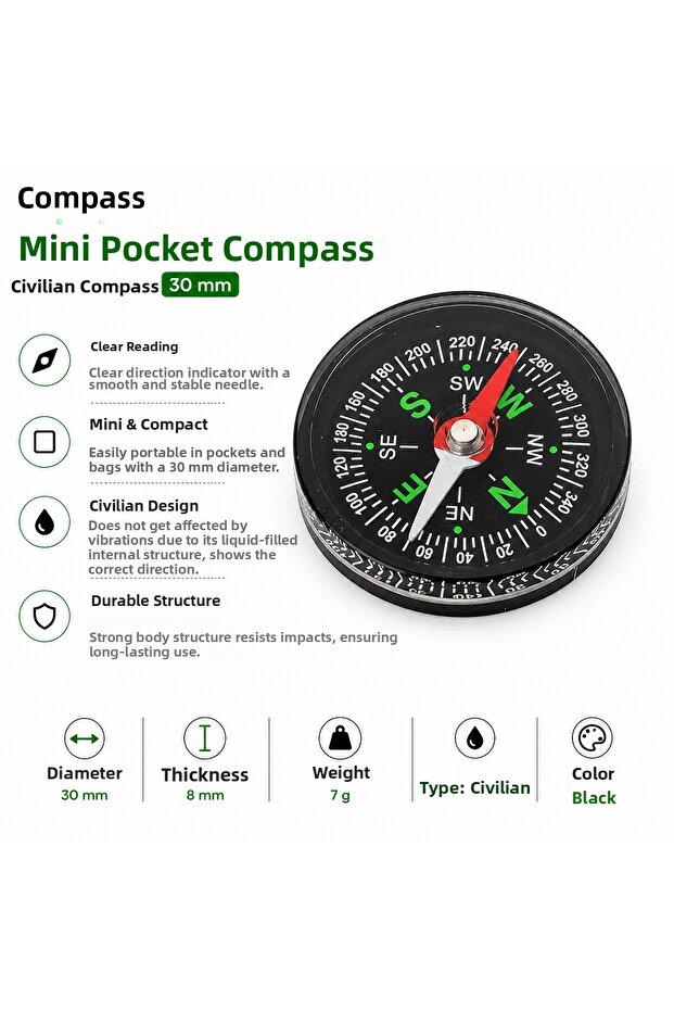 Compass - Mini Pocket Compass - Liquid Compass 30 mm
