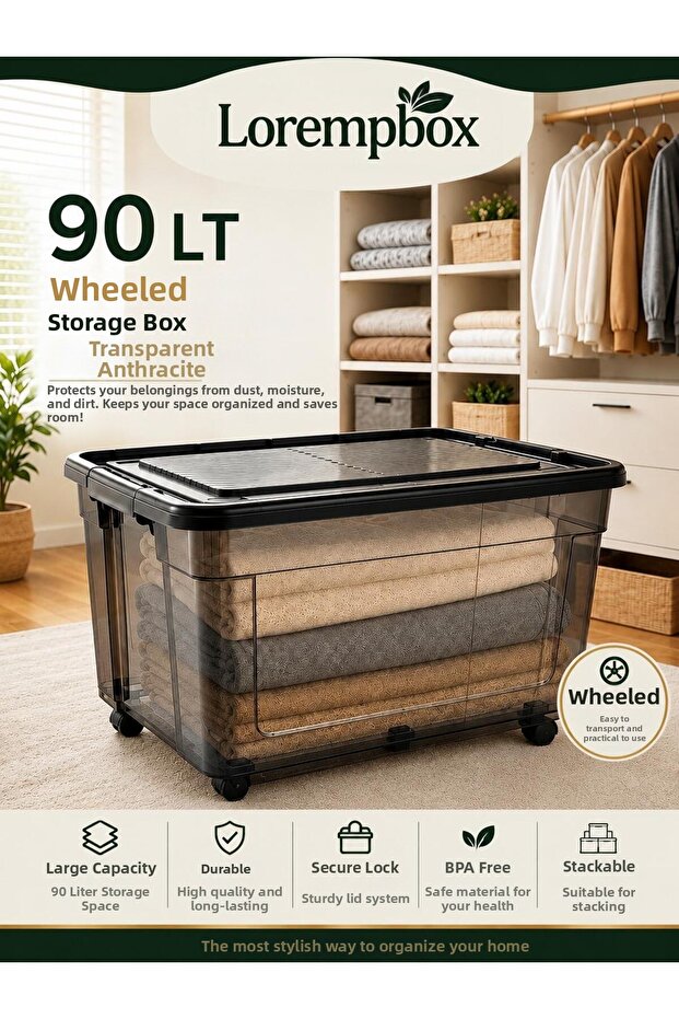 90 Lt Wheeled Storage Box Transparent Anthracite |   Large Size Organization and Storage Box with Lockable Lid