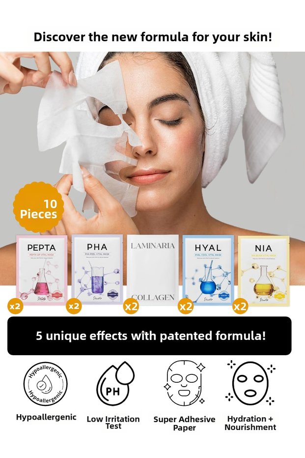 10-Piece Korean Premium Weekly Korean Paper Face Mask Set with Collagen and for All Skin Types