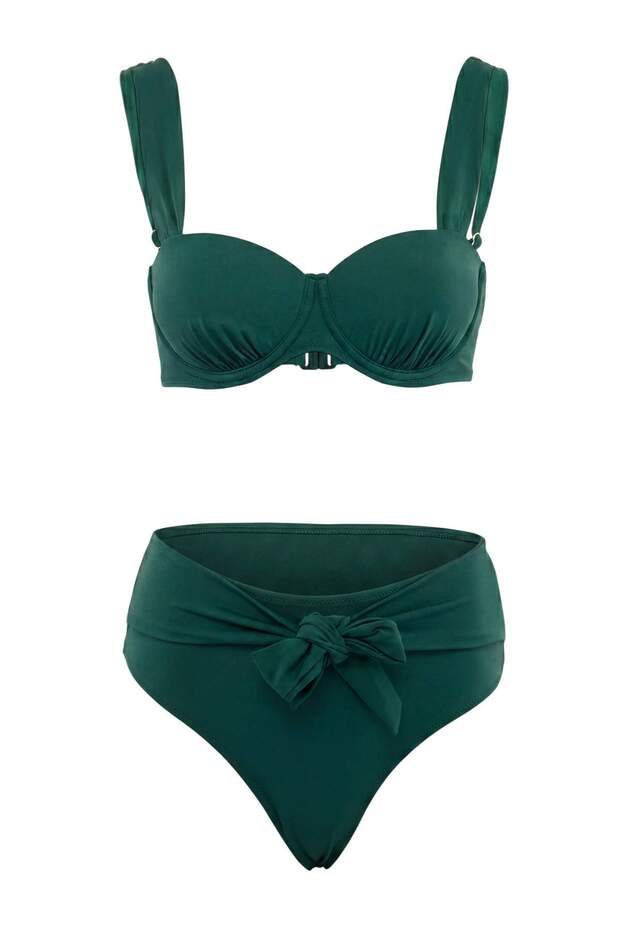 Zümrüt Yeşili Balconette Kaplı Bağlama Detaylı Yüksek Bel Regular Bikini Takımı TBESS26BT00035 - 4