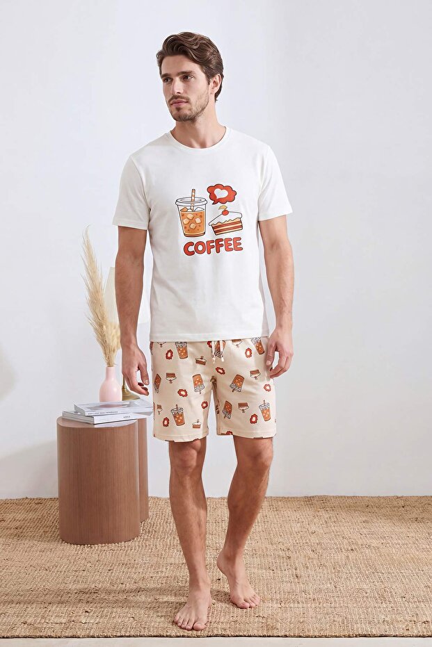 Ekru Couple/Çift Regular Kahve Temalı Yazlık Örme Pijama Takımı TMNSS26PT00050 - 2