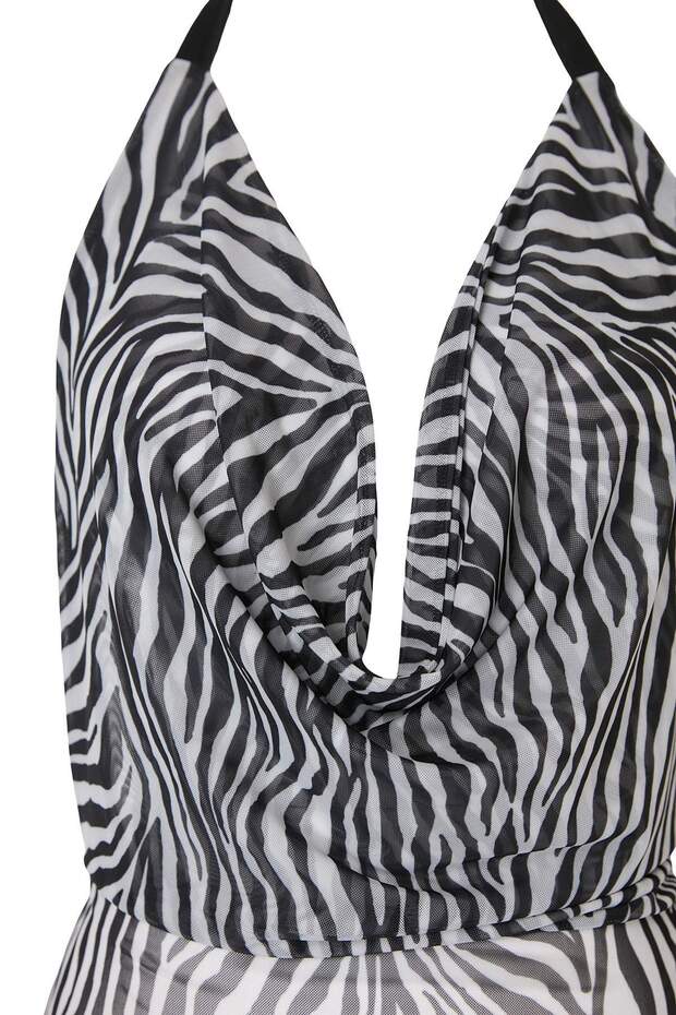 Zebra Desenli Örme Süper Mini Sırt Dekolteli Mesh Plaj Elbise TBESS26EL00082 - 6