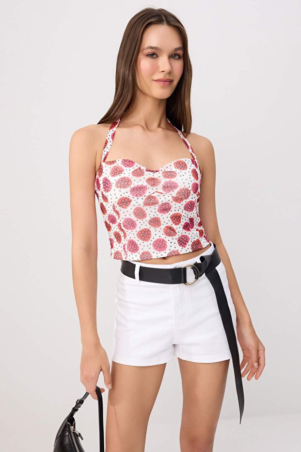Çok Renkli Fitted/Vücuda Oturan Boyundan Bağlamalı Kolsuz Crop/Kısa Tül Örme Bluz TWOSS26BZ00963