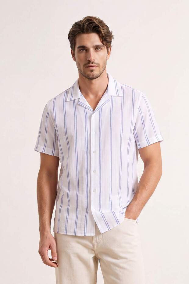Beyaz %100 Pamuk Apaj Yaka Kısa Kollu Regular Fit/Normal Kalıp Erkek Gömlek TMNSS26GO00046 - 3