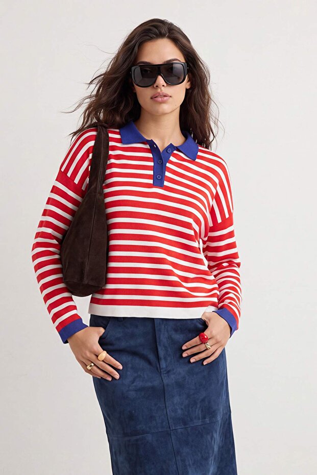 Wardrobe Essentials Kırmızı Özel İplikli Geniş Kalıp Çizgili Triko Kazak TWOAW26KZ00195 - 2