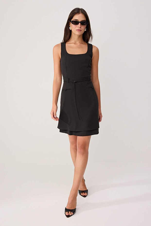 Black Square Neck A-Line/ Bell-Shape Short / Mini Woven Dress Twoss26El00701