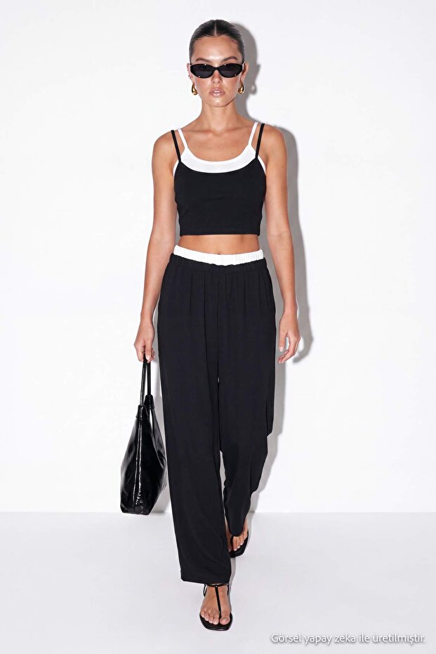 Siyah Çift Askılı Crop Body Beli Lastikli Rahat Kalıp Pantolon Takım TDRSS26AU00087