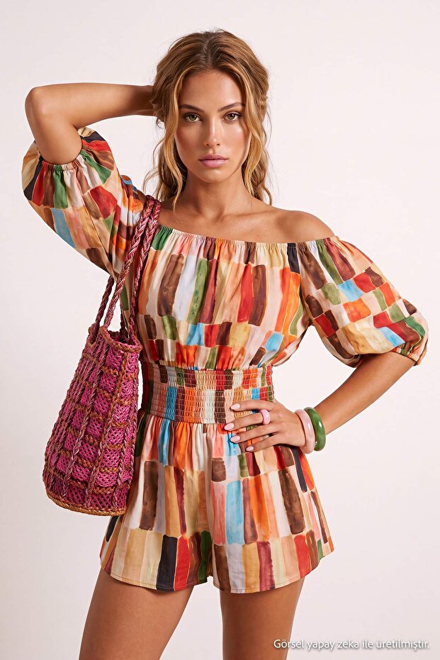 Plaj Giyim Çok Renkli Düz Oversize Dokuma 100% Pamuk Tulum TBESS26TU00010