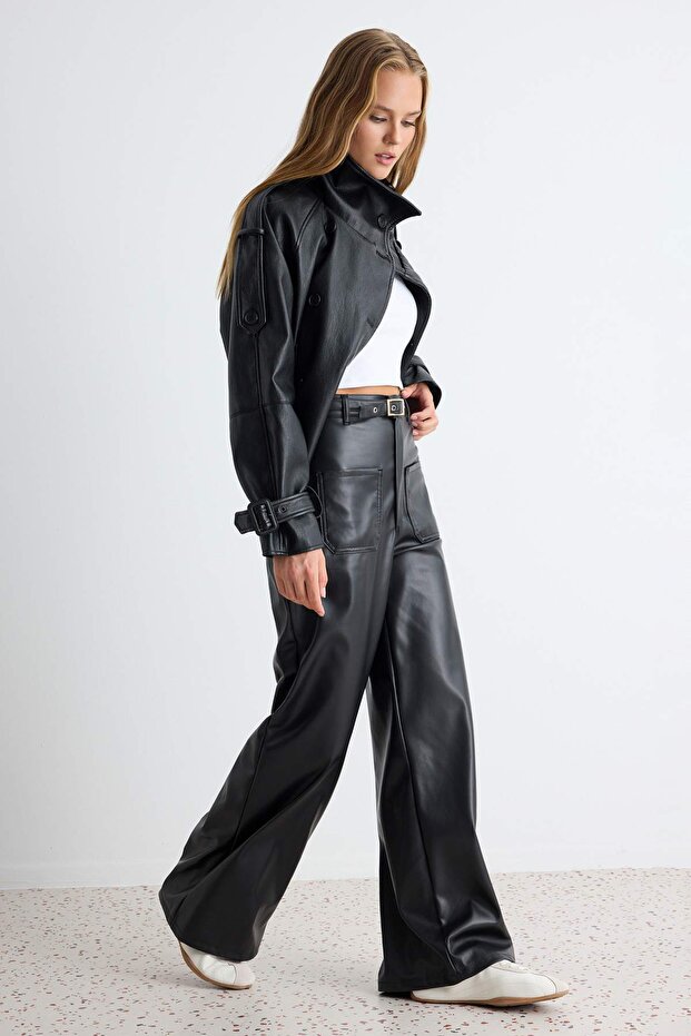Siyah Düz Wide Leg/Geniş Paça Cep Detaylı Suni Deri Örme Pantolon TWOAW27PL00022