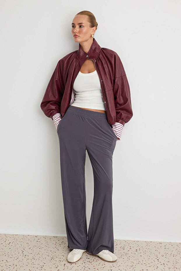 Antrasit Wide Leg/Rahat Kesim Yüksek Bel Esnek Pantolon TWOSS23PL00129 - 2