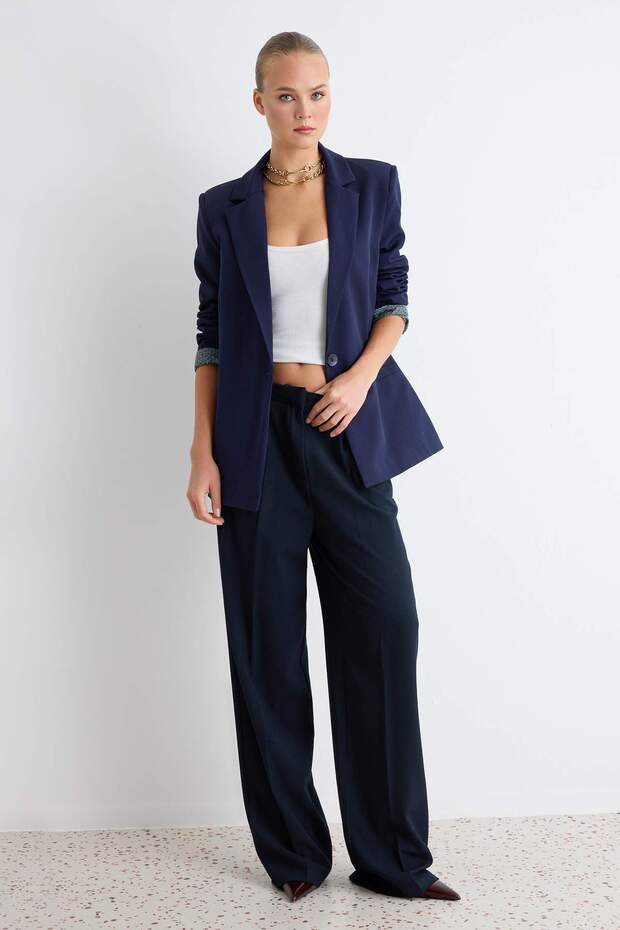 Lacivert Regular Gri Geometrik Desenli Astarlı Tek Düğmeli Cepli Dokuma Blazer Ceket TWOAW20CE0316 - 1