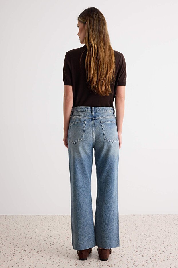 Mavi Paçası Kesikli Yüksek Bel Straight %100 Pamuk Non-Stretch Jeans TWOAW25JE00307 - 4