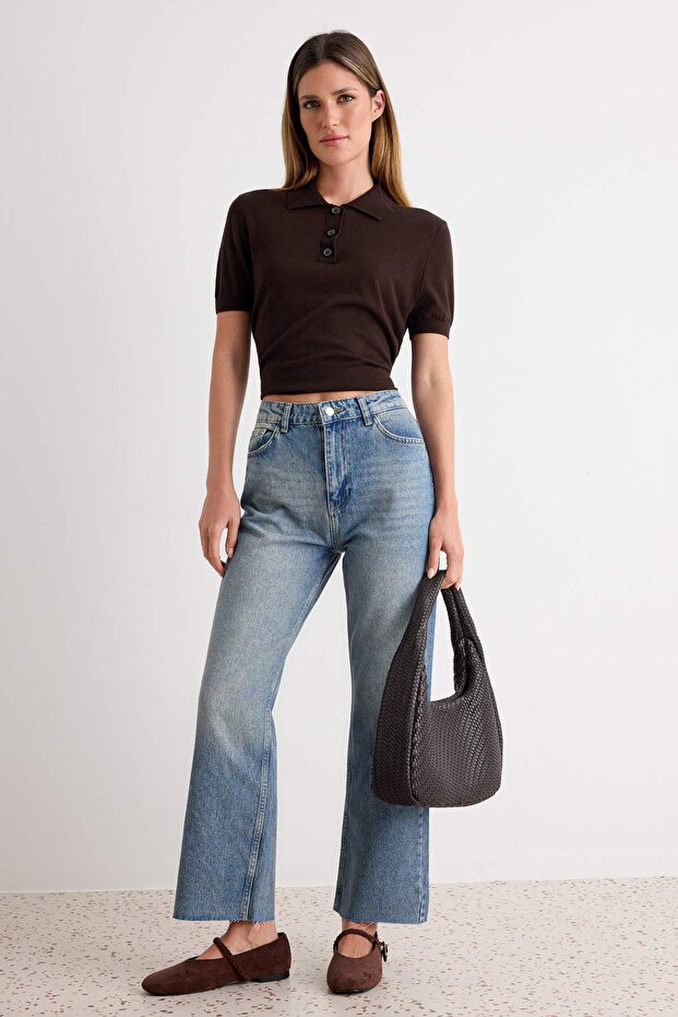 Mavi Paçası Kesikli Yüksek Bel Straight %100 Pamuk Non-Stretch Jeans TWOAW25JE00307 - 1