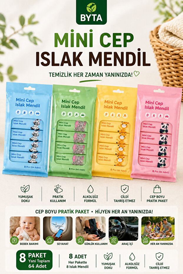 BYTA Mini Cep Islak Mendil 8’li Set – Her Pakette 8 Adet, Toplam 64 Yaprak, Alkolsüz & Hassas Ciltler İçin
