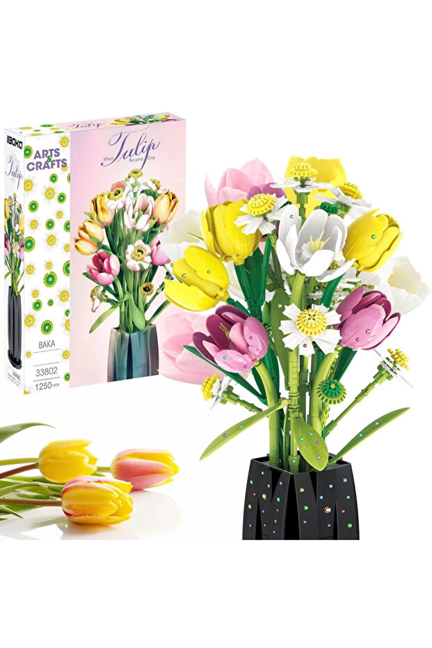 Tulips 1250PCS Tulip Bouquet Building Blocks Flower Eternal Flower Vase Model Bricks Home Decoration