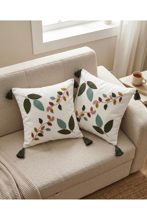 (2 Pcs) Punch Embroidered Tassel Throw Pillow Cover Set of 2 43X43Cm