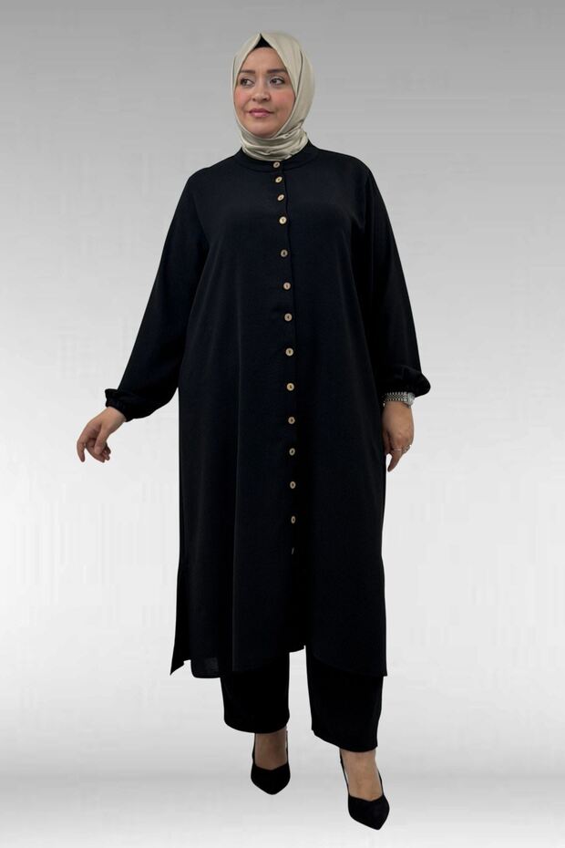 57018 large size elastic sleeves buttoned length airobin trouser set - black