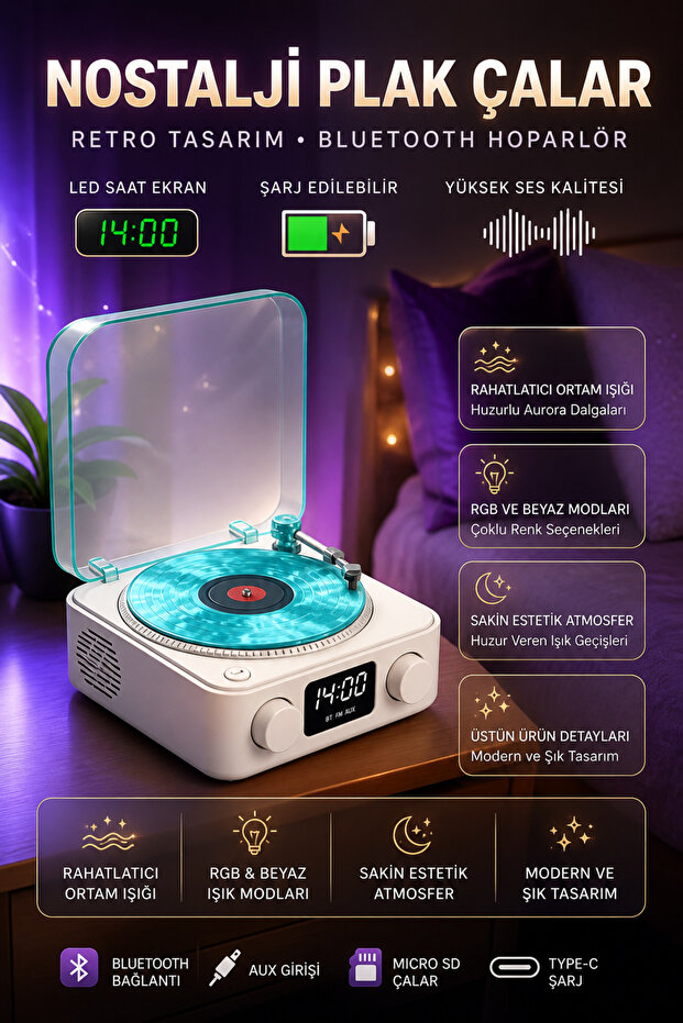 nextbuy Nostalji Plak Çalar Bluetooth Hoparlör 3d Ses Dalgası Çalar Saat Retro Pikap Şarjlı Müzik Kutusu