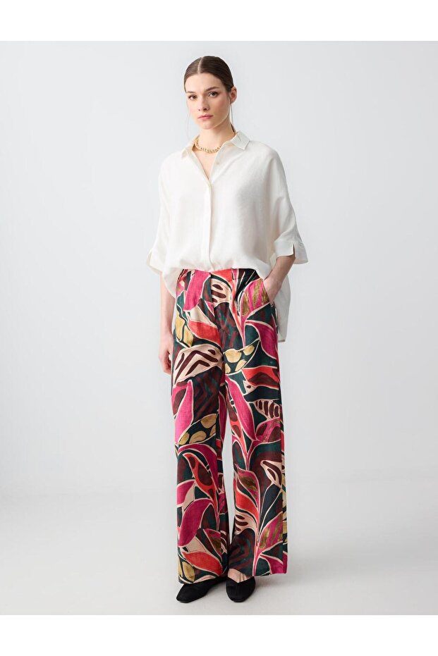 Mixed Relaxed Cut High Waist Loose Wide Leg Floral Pattern Linen Pants