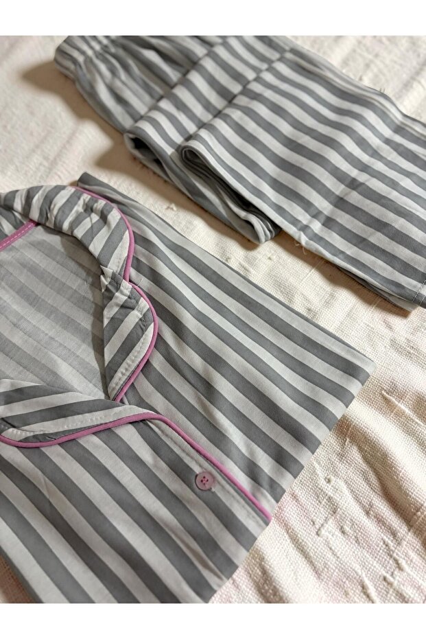 Women's Pink and Gray Striped Shirt Collar Buttoned through Combed Cotton Pajama Set