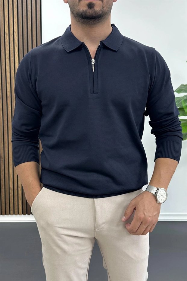 Men's Half Zipper Plain Pattern Polo Neck Sweater Navy Blue Edw424