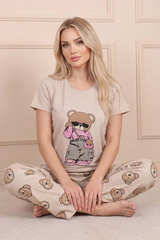 Women's Teddy Bear Patterned and under Patterned Combed Cotton Short Sleeve Pajama Set