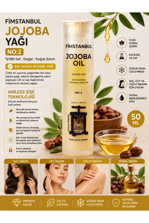 Jojoba Oil 100% Pure Natural Cold Pressed 50 ml – No:2 Jojoba Oil Sebum Balancing
