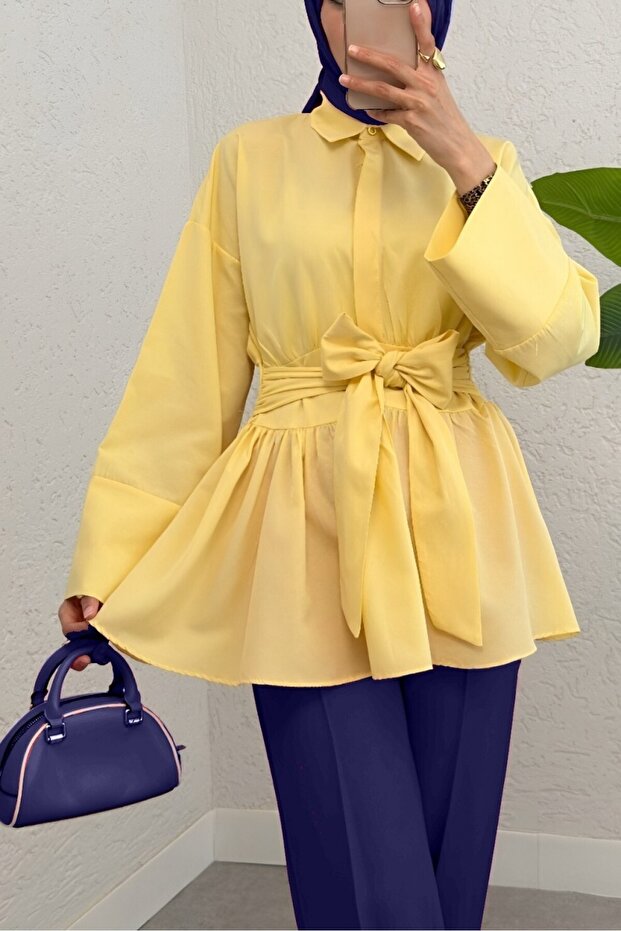 Half-Buttoned, Tie-Waist, Side-Zip Tunic - Yellow