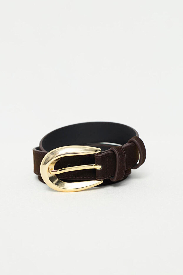 Brown Suede Belt with Gold Oval Buckle Detail