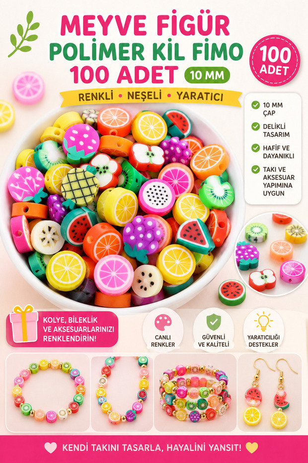 100 Pcs 10mm Shaped Assorted Fruit Polymer Clay Fimo Figure Beads