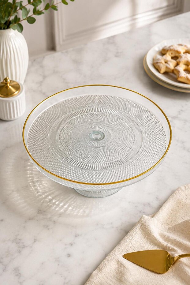 Standing Glass Cake Stand Gold Gilded Serving Presentation Plate - Cake Stand - Presentation Holder