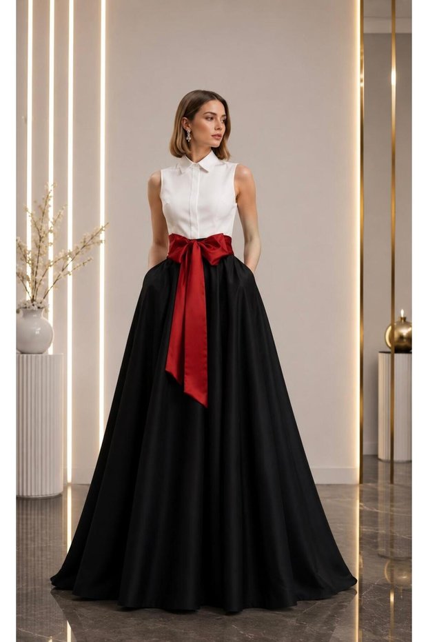 Maxi Boy Two-Tone Stylish Event Dress with Hidden Front Placket and Mobile Belt Cou-38