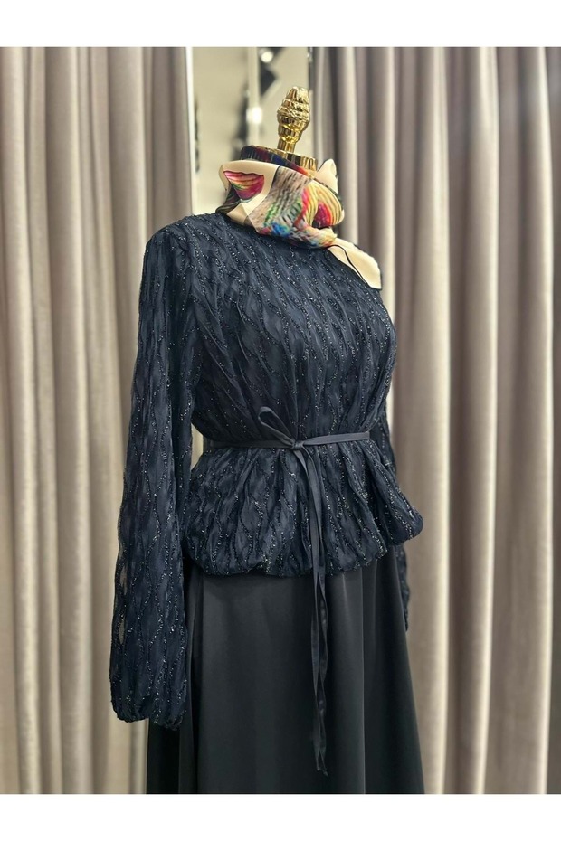 Shoulder Pad Tex Silvery Satin Skirt Suit - Navy Blue - 42