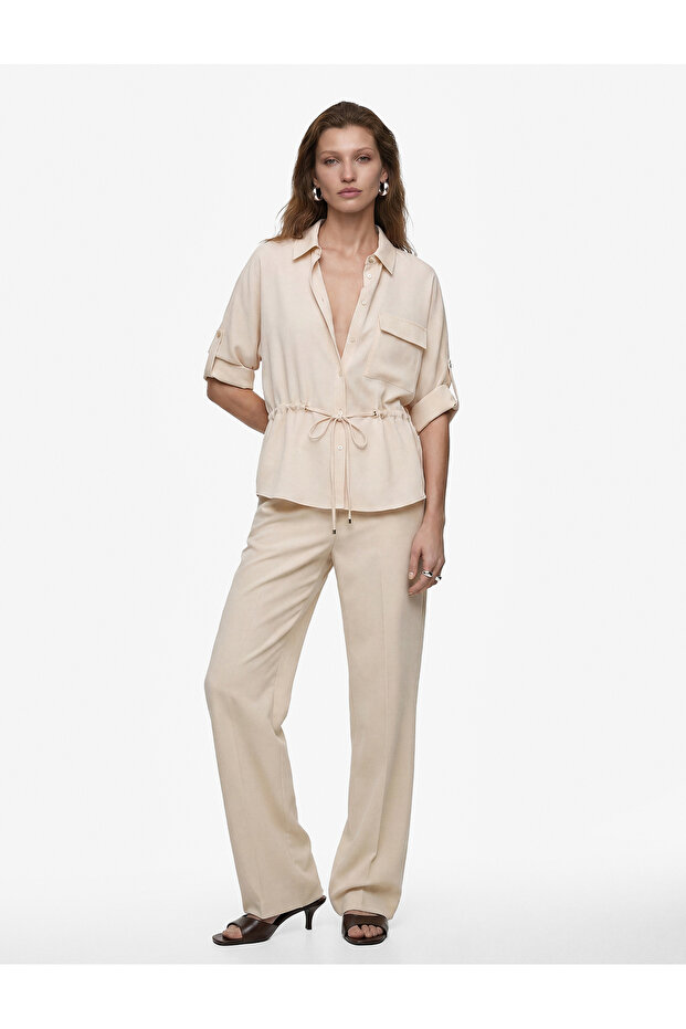 Long Sleeve Classic Collar Belted Waist Pocketed Shirt