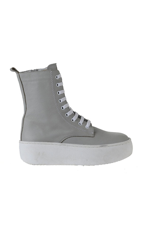 Gray White Leather Women's Wedge Heeled Boots 01Wv5500
