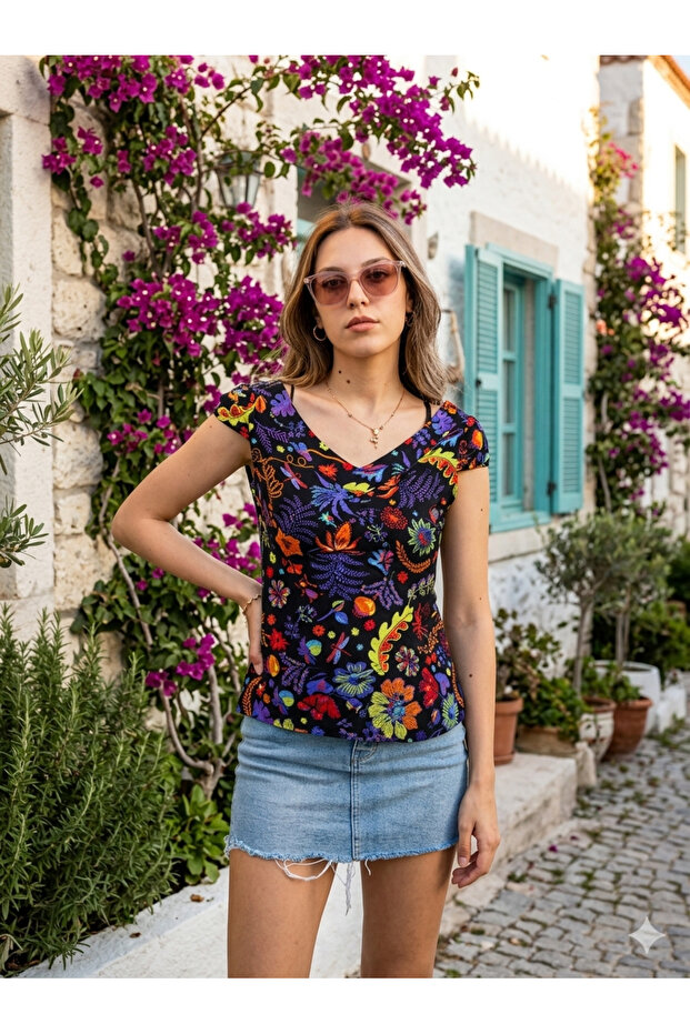Women's Black V-Neck Purple Floral Back Low-cut Blouse