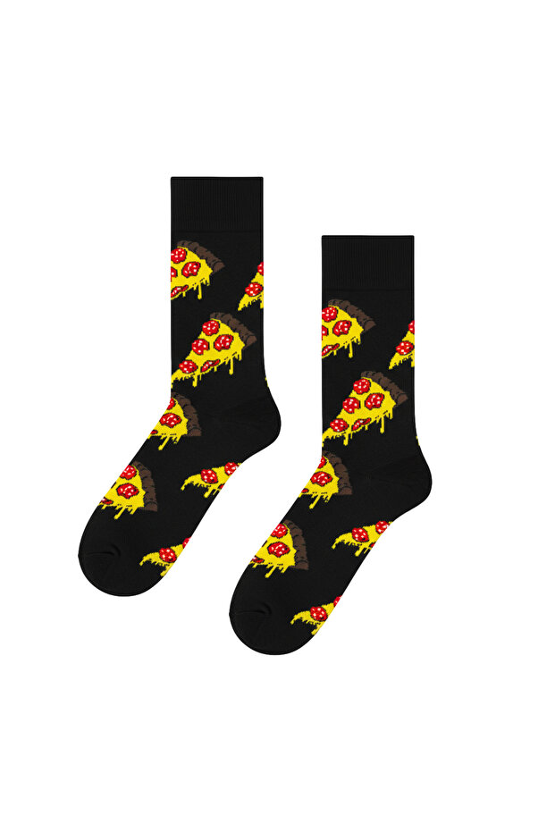 Black Pizza Slice Patterned Colorful Socks - 1
