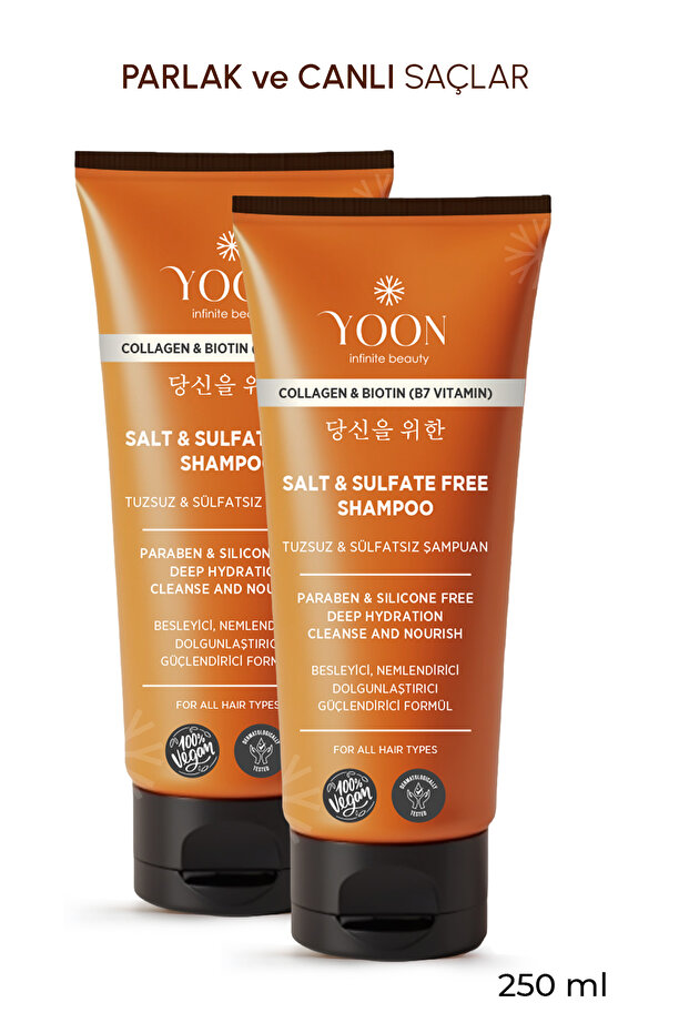 2-Pack Sulfate-Free and Salt-Free Shampoo, Paraben-Free Vegan Shampoo with Collagen Biotin B7, 2 Pieces X 250ml