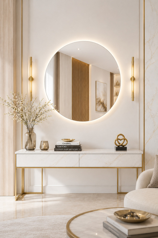 مرآة حائط دائرية حديثة - بدون إطار، تصميم بسيط (80 × 80 سم) دائرية حديثة