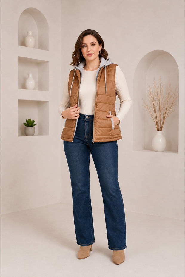 Women's Plus Size Camel Hooded Transitional Puffer Vest