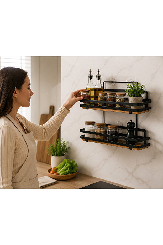 Premium double shelf for bathroom or kitchen, 5Five Simply Smart, installation without drilling, durable adhesive backing, metal and wood, black with wood look - 7