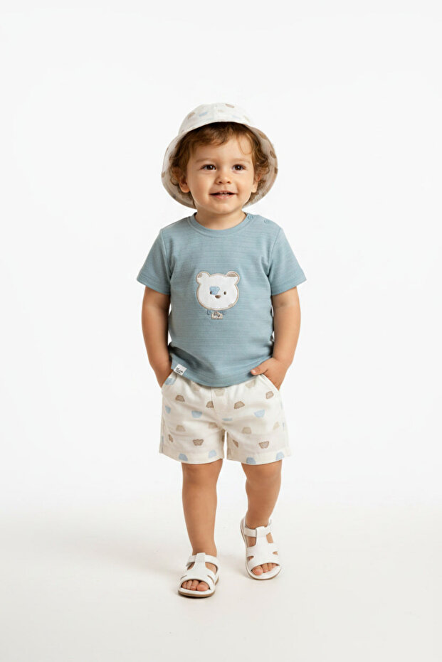 Baby Boy Summer Set with Shorts, Teddy Bear Embroidered Cotton (0-12 Months)