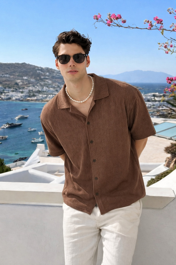 Men's Summer Short Sleeve Coffee Linen Shirt