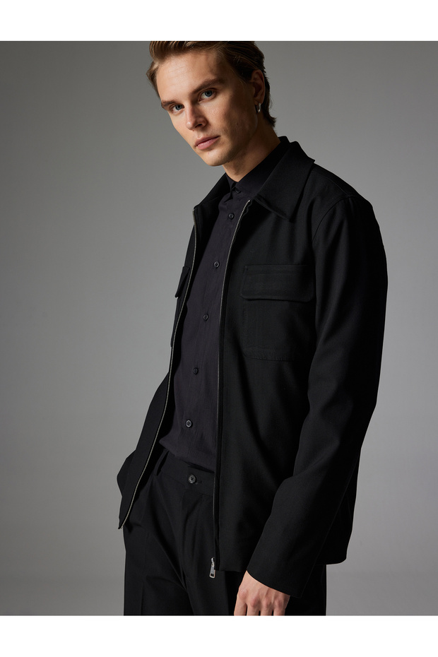 Polo Collar Jacket with Zipper Pocket Detail Slim Fit