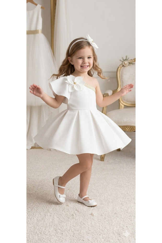 Girls' Floral White One-Shoulder Dress
