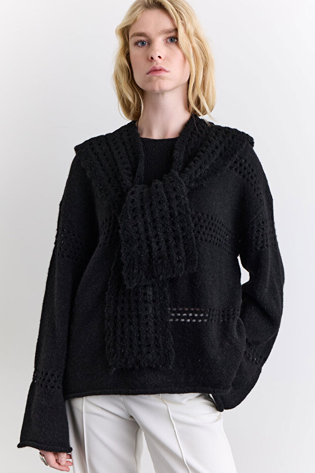 Soft Textured Collared Shawl Black